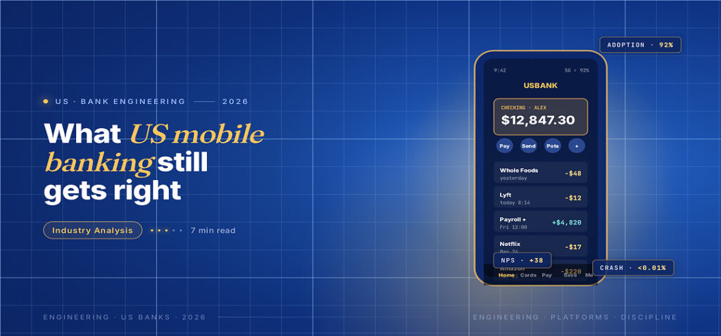 TechBullion Tier 1 editorial featured image for What Mobile Banking App Development Has Become at US Banks in 2026, with a topic-unique SVG metaphor and a Fraunces italic gold keyword phrase "US mobile banking" in the headline on the navy gradient editorial composite.
