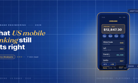 TechBullion Tier 1 editorial featured image for What Mobile Banking App Development Has Become at US Banks in 2026, with a topic-unique SVG metaphor and a Fraunces italic gold keyword phrase "US mobile banking" in the headline on the navy gradient editorial composite.