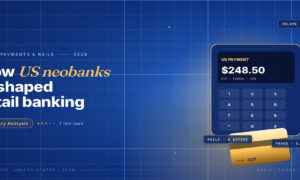 TechBullion Tier 1 editorial featured image for Digital Banking and Neobanks in the U.S. 2026: Where the Profitable Players Now Sit, with a topic-fitting SVG metaphor and a Fraunces italic gold keyword phrase "US neobanks" in the headline on the navy gradient editorial composite with two-tier grid and warm gold glow.