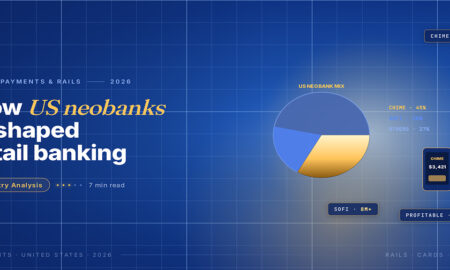 TechBullion Tier 1 editorial featured image for Digital Banking and Neobanks in the US: The Quiet Customer Migration That Reshaped Retail Banking, with a topic-unique SVG metaphor and a Fraunces italic gold keyword phrase "US neobanks" in the headline on the navy gradient editorial composite.