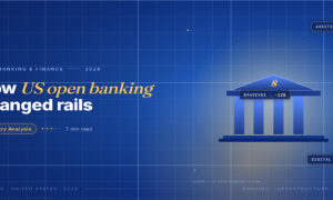 TechBullion Tier 1 editorial featured image for Open Innovation in US Finance: Why Banks Now Spend More on Outside Builders Than Internal Labs, with a topic-fitting SVG metaphor and a Fraunces italic gold keyword phrase "US open banking" in the headline on the navy gradient editorial composite with two-tier grid and warm gold glow.