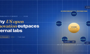 TechBullion Tier 1 editorial featured image for Open Innovation in US Finance: Why Banks Now Spend More on Outside Builders Than Internal Labs, with a topic-unique SVG metaphor and a Fraunces italic gold keyword phrase "US open innovation" in the headline on the navy gradient editorial composite.