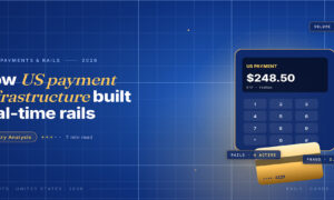 TechBullion Tier 1 editorial featured image for Financial infrastructure systems in the US: how RTP and FedNow built a two-rail real-time , with a topic-fitting SVG metaphor and a Fraunces italic gold keyword phrase "US payment infrastructure" in the headline on the navy gradient editorial composite with two-tier grid and warm gold glow.