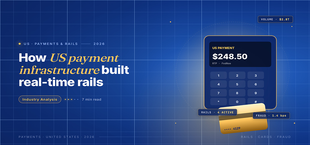 TechBullion Tier 1 editorial featured image for Financial infrastructure systems in the US: how RTP and FedNow built a two-rail real-time , with a topic-fitting SVG metaphor and a Fraunces italic gold keyword phrase "US payment infrastructure" in the headline on the navy gradient editorial composite with two-tier grid and warm gold glow.