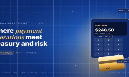 TechBullion Tier 1 editorial featured image for US payment operations management where treasury, risk and engineering meet, with a clean US payment terminal showing the RTP/FedNow/ACH rail line and a swiping card, on the navy editorial composite.