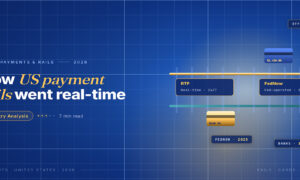 TechBullion Tier 1 editorial featured image for Financial infrastructure systems in the US: how RTP and FedNow built a two-rail real-time payments backbone, with a topic-unique SVG metaphor and a Fraunces italic gold keyword phrase "US payment rails" in the headline on the navy gradient editorial composite.
