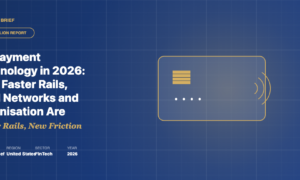 TechBullion Claude Design hero image showing payment terminal and contactless card illustration alongside US payment technology brief headline and ledger strip.