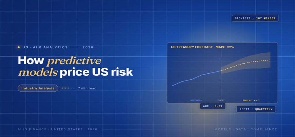 TechBullion Tier 1 editorial featured image for Predictive Modelling in US Finance: What Has Actually Replaced the Spreadsheet Forecast, with a topic-unique SVG metaphor and a Fraunces italic gold keyword phrase "predictive models" in the headline on the navy gradient editorial composite.