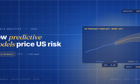 TechBullion Tier 1 editorial featured image for Predictive Modelling in US Finance: What Has Actually Replaced the Spreadsheet Forecast, with a topic-unique SVG metaphor and a Fraunces italic gold keyword phrase "predictive models" in the headline on the navy gradient editorial composite.