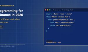 TechBullion editorial hero for R programming in US finance, with a stylized code editor window containing US banking class definitions and rail-selection logic on the Claude Design navy gradient composite.