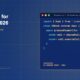 TechBullion editorial hero for R programming in US finance, with a stylized code editor window containing US banking class definitions and rail-selection logic on the Claude Design navy gradient composite.