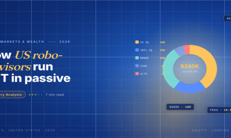 TechBullion Tier 1 editorial featured image for Robo-Advisors in the US in 2026: From $1 Trillion in Managed Assets to the Quiet Pivot to Hybrid Advice, with a topic-unique SVG metaphor and a Fraunces italic gold keyword phrase "US robo-advisors" in the headline on the navy gradient editorial composite.
