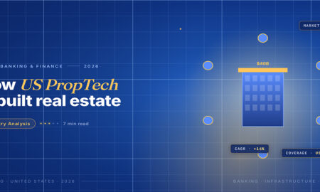 TechBullion Tier 1 editorial featured image for PropTech in the US: how a $40 billion category is rebuilding the way real estate is bought, leased, and operated, with a topic-unique SVG metaphor and a Fraunces italic gold keyword phrase "US PropTech" in the headline on the navy gradient editorial composite.