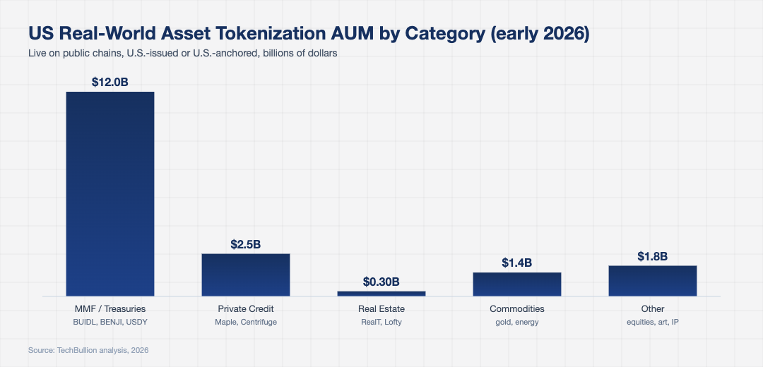 Bar chart of US real-world asset tokenization AUM by category in early 2026 showing money market funds private credit real estate commodities and other