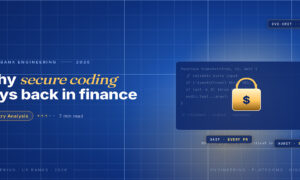 TechBullion Tier 1 editorial featured image for Secure Coding in U.S. Financial Software: Where the Discipline Actually Pays Back, with a topic-unique SVG metaphor and a Fraunces italic gold keyword phrase "secure coding" in the headline on the navy gradient editorial composite.