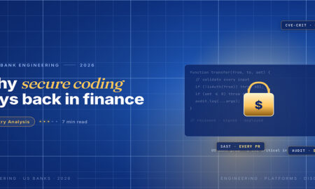 TechBullion Tier 1 editorial featured image for Secure Coding in U.S. Financial Software: Where the Discipline Actually Pays Back, with a topic-unique SVG metaphor and a Fraunces italic gold keyword phrase "secure coding" in the headline on the navy gradient editorial composite.