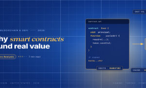 TechBullion Tier 1 editorial featured image for Smart Contracts in America Move Past Hype as Institutional Volume Crosses 850 Billion, with a topic-unique SVG metaphor and a Fraunces italic gold keyword phrase "smart contracts" in the headline on the navy gradient editorial composite.