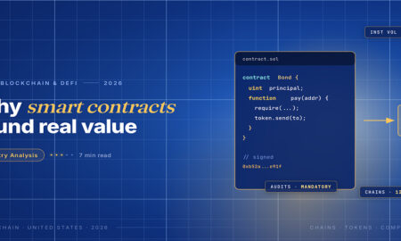 TechBullion Tier 1 editorial featured image for Smart contract security auditing in US finance: how the audit industry grew up alongside the exploit losses, with a topic-unique SVG metaphor and a Fraunces italic gold keyword phrase "smart contracts" in the headline on the navy gradient editorial composite.