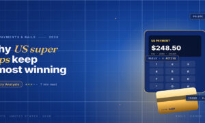 TechBullion Tier 1 editorial featured image for Super Apps in U.S. Finance: Why the Model Keeps Failing and What Might Work in 2026, with a topic-fitting SVG metaphor and a Fraunces italic gold keyword phrase "US super apps" in the headline on the navy gradient editorial composite with two-tier grid and warm gold glow.