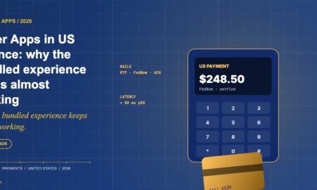 TechBullion editorial hero for US super apps in finance, with a stylized payment terminal showing an instant US payment, a swiping card, and rails / latency annotations on the Claude Design navy gradient composite.