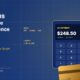 TechBullion editorial hero for US super apps in finance, with a stylized payment terminal showing an instant US payment, a swiping card, and rails / latency annotations on the Claude Design navy gradient composite.