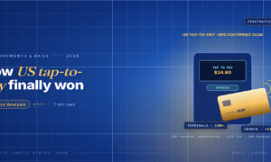 TechBullion Tier 1 editorial featured image for Contactless Payments in the U.S. 2026: Why a Slow Country Finally Caught Up, with a topic-unique SVG metaphor and a Fraunces italic gold keyword phrase "US tap-to-pay" in the headline on the navy gradient editorial composite.