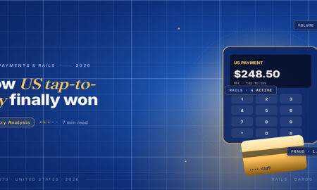 TechBullion Tier 1 editorial featured image for Contactless Payments in the US in 2026: How Tap-to-Pay Finally Won and What That Unlocks Next, with a topic-fitting SVG metaphor and a Fraunces italic gold keyword phrase "US tap-to-pay" in the headline on the navy gradient editorial composite with two-tier grid and warm gold glow.