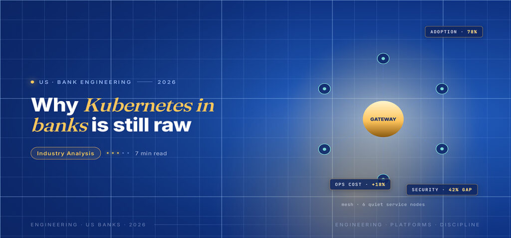 TechBullion Tier 1 editorial featured image for How Kubernetes for Financial Systems Stopped Being a Controversial Choice in US Banks, with a topic-unique SVG metaphor and a Fraunces italic gold keyword phrase "Kubernetes in banks" in the headline on the navy gradient editorial composite.