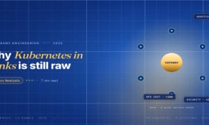TechBullion Tier 1 editorial featured image for How Kubernetes for Financial Systems Stopped Being a Controversial Choice in US Banks, with a topic-unique SVG metaphor and a Fraunces italic gold keyword phrase "Kubernetes in banks" in the headline on the navy gradient editorial composite.