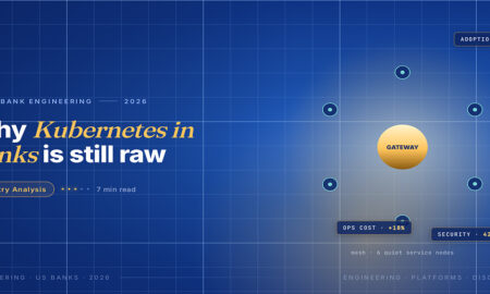 TechBullion Tier 1 editorial featured image for How Kubernetes for Financial Systems Stopped Being a Controversial Choice in US Banks, with a topic-unique SVG metaphor and a Fraunces italic gold keyword phrase "Kubernetes in banks" in the headline on the navy gradient editorial composite.