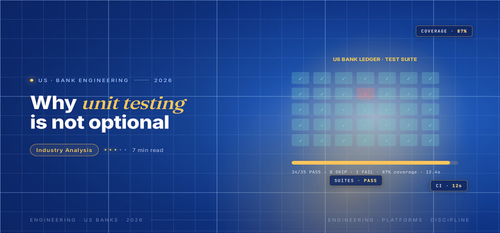 TechBullion Tier 1 editorial featured image for Unit Testing Financial Applications: The Disciplines That Catch Bugs Before Production, with a topic-unique SVG metaphor and a Fraunces italic gold keyword phrase "unit testing" in the headline on the navy gradient editorial composite.