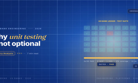 TechBullion Tier 1 editorial featured image for Unit Testing Financial Applications: The Disciplines That Catch Bugs Before Production, with a topic-unique SVG metaphor and a Fraunces italic gold keyword phrase "unit testing" in the headline on the navy gradient editorial composite.