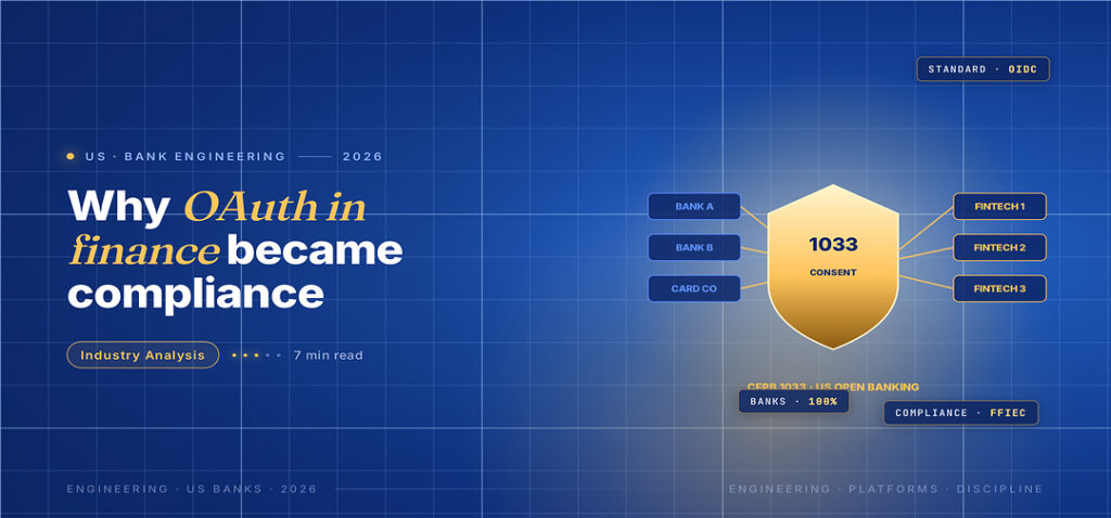 TechBullion Tier 1 editorial featured image for OAuth and OpenID Connect in U.S. Finance: From Convergence to Compliance Discipline, with a topic-unique SVG metaphor and a Fraunces italic gold keyword phrase "OAuth in finance" in the headline on the navy gradient editorial composite.