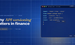 TechBullion Tier 1 editorial featured image for API Versioning Strategies for U.S. Financial Software That Actually Age Well, with a topic-fitting SVG metaphor and a Fraunces italic gold keyword phrase "API versioning" in the headline on the navy gradient editorial composite with two-tier grid and warm gold glow.
