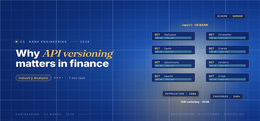 TechBullion Tier 1 editorial featured image for API Versioning Strategies for U.S. Financial Software That Actually Age Well, with a topic-unique SVG metaphor and a Fraunces italic gold keyword phrase "API versioning" in the headline on the navy gradient editorial composite.