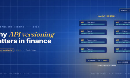 TechBullion Tier 1 editorial featured image for API Versioning Strategies for U.S. Financial Software That Actually Age Well, with a topic-unique SVG metaphor and a Fraunces italic gold keyword phrase "API versioning" in the headline on the navy gradient editorial composite.