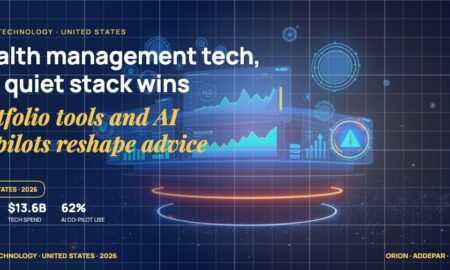 Stylised financial dashboards and portfolio charts floating in layered depth, with AI advisor co-pilot glyphs connected by luminous data lines and fragments of trading windows.