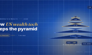 TechBullion Tier 1 editorial featured image for Wealth management technology in the US: the quiet rewiring of the advisor stack, with a topic-unique SVG metaphor and a Fraunces italic gold keyword phrase "US wealth tech" in the headline on the navy gradient editorial composite.