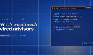 TechBullion Tier 1 editorial featured image for US Wealth Management Technology in 2026: SEC Withdraws Predictive-Analytics Rule, AI Co-Pilots Move Into Production, with a topic-fitting SVG metaphor and a Fraunces italic gold keyword phrase "US wealthtech" in the headline on the navy gradient editorial composite with two-tier grid and warm gold glow.