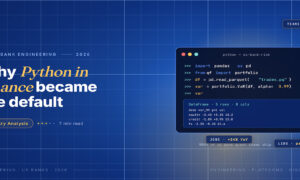 TechBullion Tier 1 editorial featured image for Python for finance in US FinTech: adoption benchmarks, talent demand, and what banks are spending, with a topic-unique SVG metaphor and a Fraunces italic gold keyword phrase "Python in finance" in the headline on the navy gradient editorial composite.