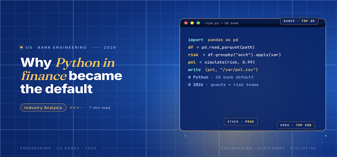 TechBullion Tier 1 editorial featured image for Python for finance in US FinTech: adoption benchmarks, talent demand, and what banks are s, with a topic-fitting SVG metaphor and a Fraunces italic gold keyword phrase "Python in finance" in the headline on the navy gradient editorial composite with two-tier grid and warm gold glow.
