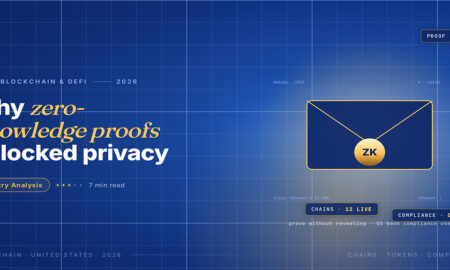 TechBullion Tier 1 editorial featured image for Layer 2 Scaling in America in 2026: How Optimistic and ZK Rollups Are Carrying US Onchain Activity, with a topic-unique SVG metaphor and a Fraunces italic gold keyword phrase "zero-knowledge proofs" in the headline on the navy gradient editorial composite.