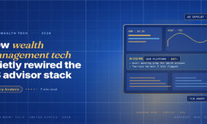 Editorial card hero for US wealth management technology in 2026 showing a stylised advisor dashboard with AUM, year-to-date performance chart and an AI co-pilot panel.