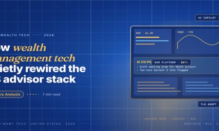Editorial card hero for US wealth management technology in 2026 showing a stylised advisor dashboard with AUM, year-to-date performance chart and an AI co-pilot panel.