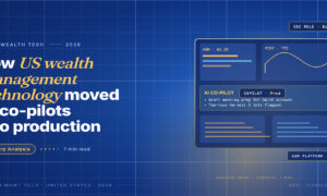Editorial card hero for US wealth management technology in 2026 covering the SEC predictive-analytics rule withdrawal and AI co-pilot move to production.