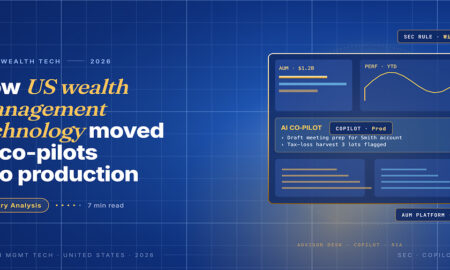 Editorial card hero for US wealth management technology in 2026 covering the SEC predictive-analytics rule withdrawal and AI co-pilot move to production.