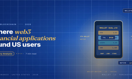 Editorial hero for web3 financial applications in the US 2026: smartphone wallet panel showing ETH, USDC, stETH and ARB balances.