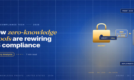Editorial card hero for zero-knowledge proofs in US finance 2026: a gold padlock labelled SECRET with a proof packet pi feeding a VERIFY box with a check mark.