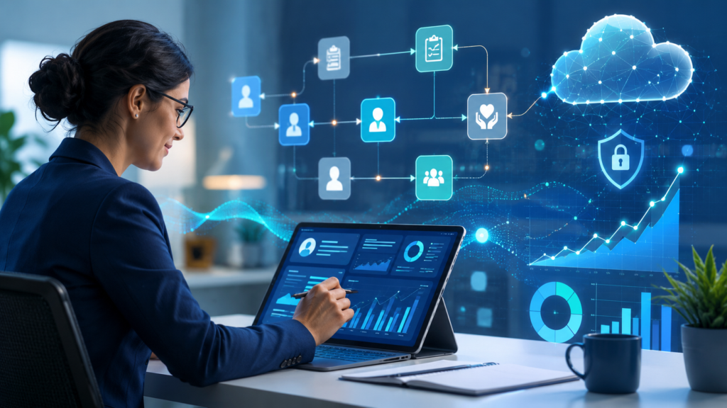 Case manager using a digital dashboard with connected workflow icons, cloud technology, security visuals, and outcome tracking charts in a modern office.
