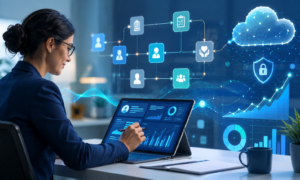 Case manager using a digital dashboard with connected workflow icons, cloud technology, security visuals, and outcome tracking charts in a modern office.